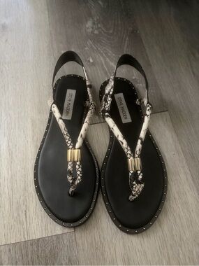 Steve Madden Black and White Snake-Print Slingback Sandals with Gold Detail